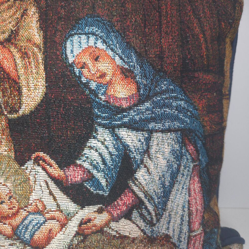 Vintage Nativity Tapestry Pillow 16x16 Mary Joseph Baby Jesus Christmas Decor - Picture 7 of 7